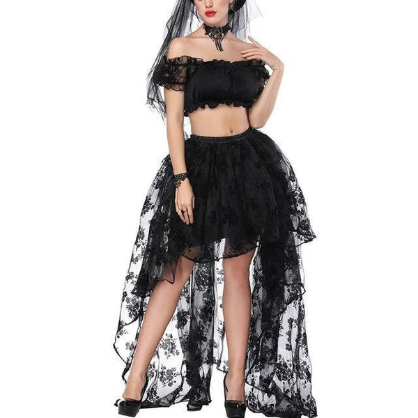 Womens Long Lace Cut Out Skirts with Off Shoulder Crop Tube Tops Set